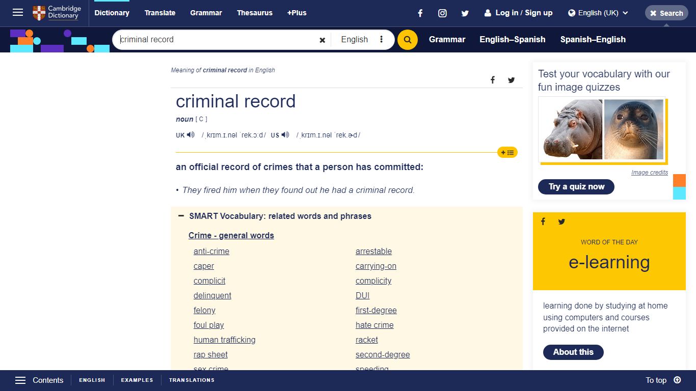 CRIMINAL RECORD | meaning in the Cambridge English Dictionary