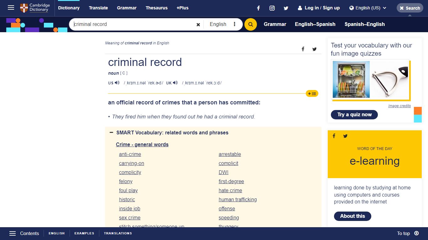 CRIMINAL RECORD | definition in the Cambridge English Dictionary